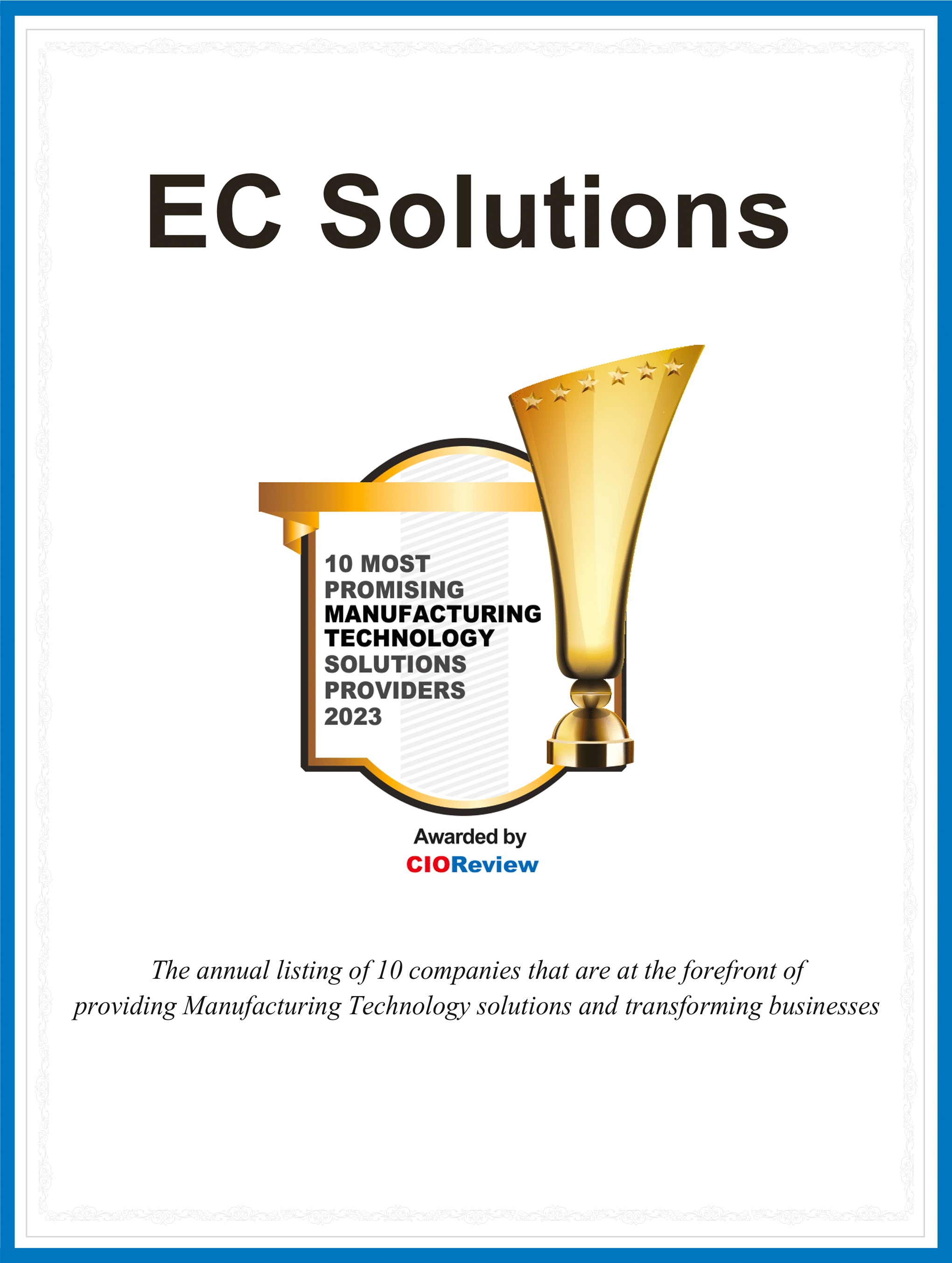 Distinction CIOReview 10 Most Promising Manufacturing Technology Solution Providers 2023