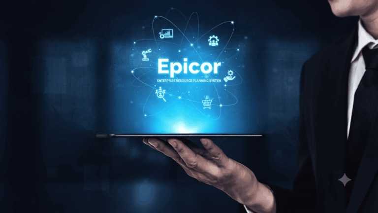 Digital interface of the Epicor management solution presented on a tablet by a professional.