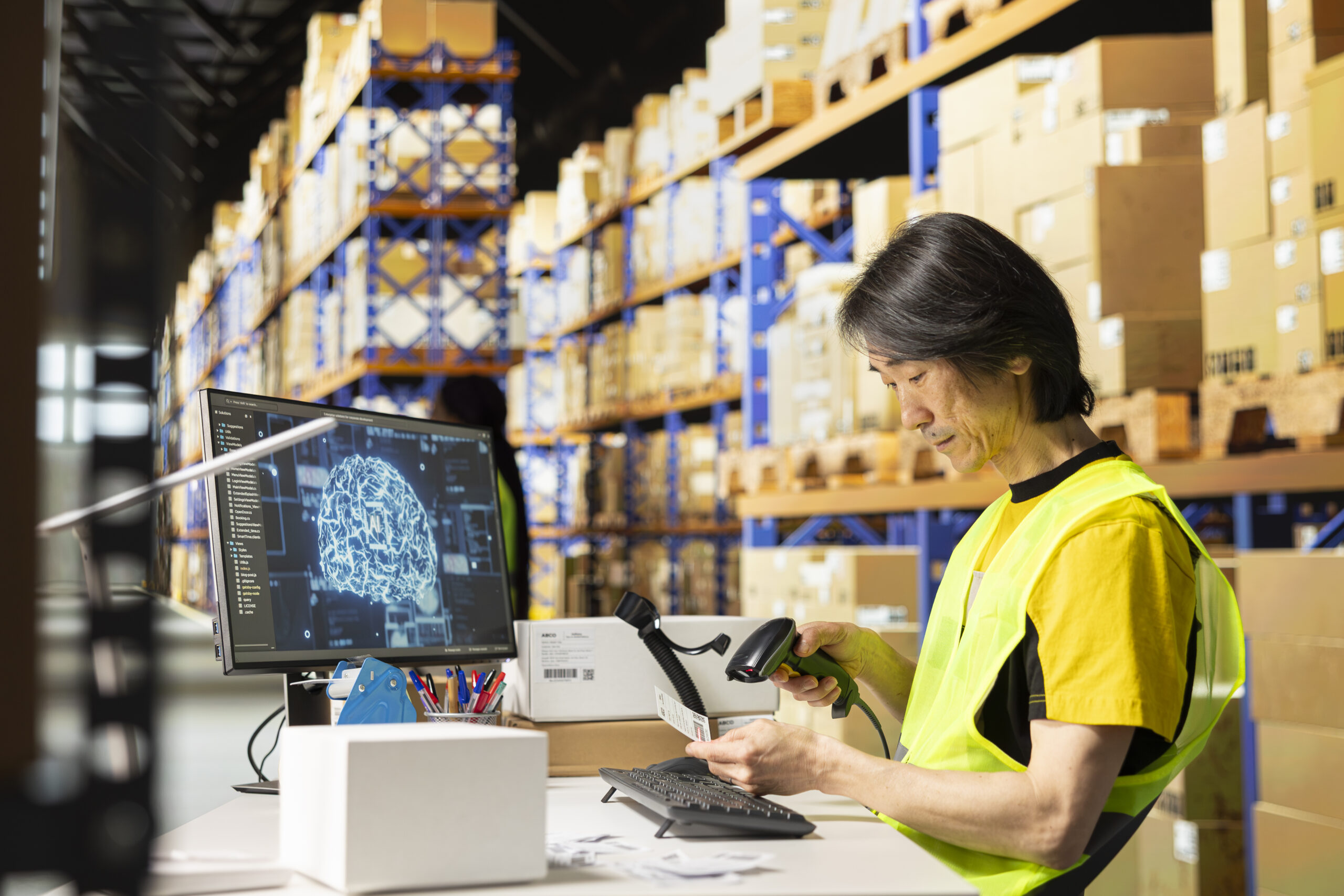 An Asian worker using AI-powered support tools to improve efficiency, streamline operations, and enhance digital workplace productivity.
