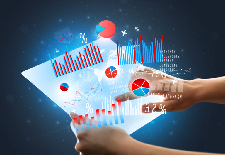 Hands interacting with a futuristic digital dashboard displaying data analytics, charts, and AI-powered business insights.